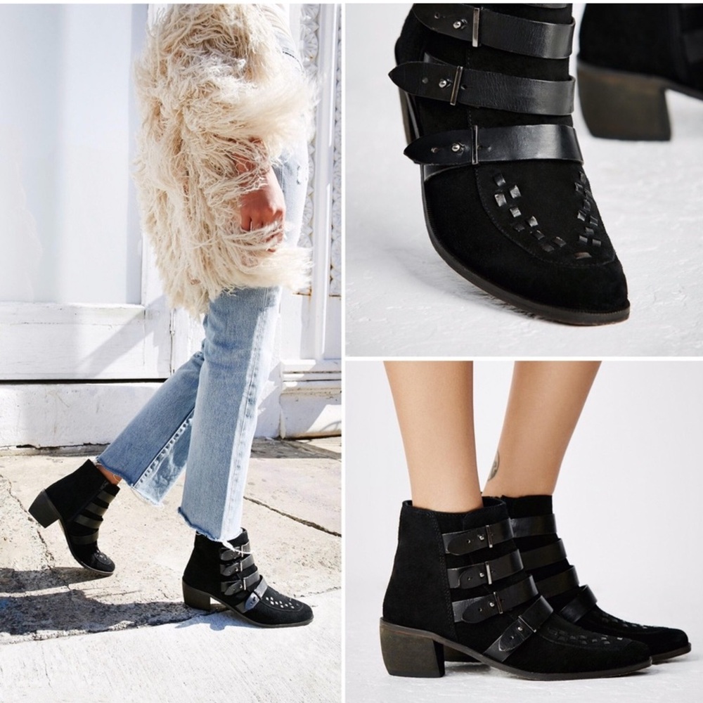Free People Black Suede Ranger Ankle Boots Leather Straps